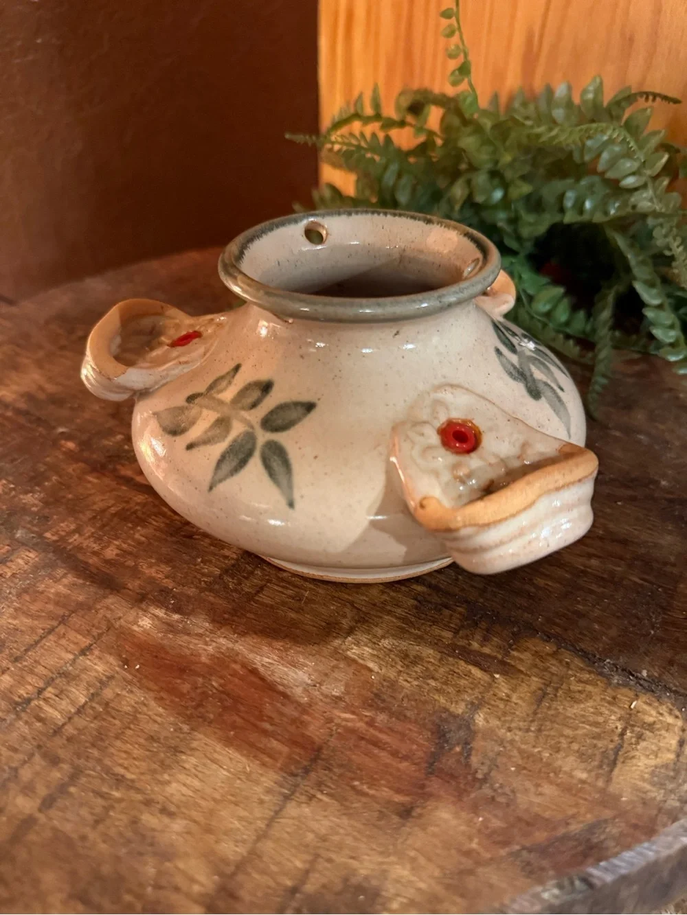 HANDCRAFTED HUMMINGBIRD FEEDER SIGNED THORPE FALL TONES ORNATE HANDLE POTTERY